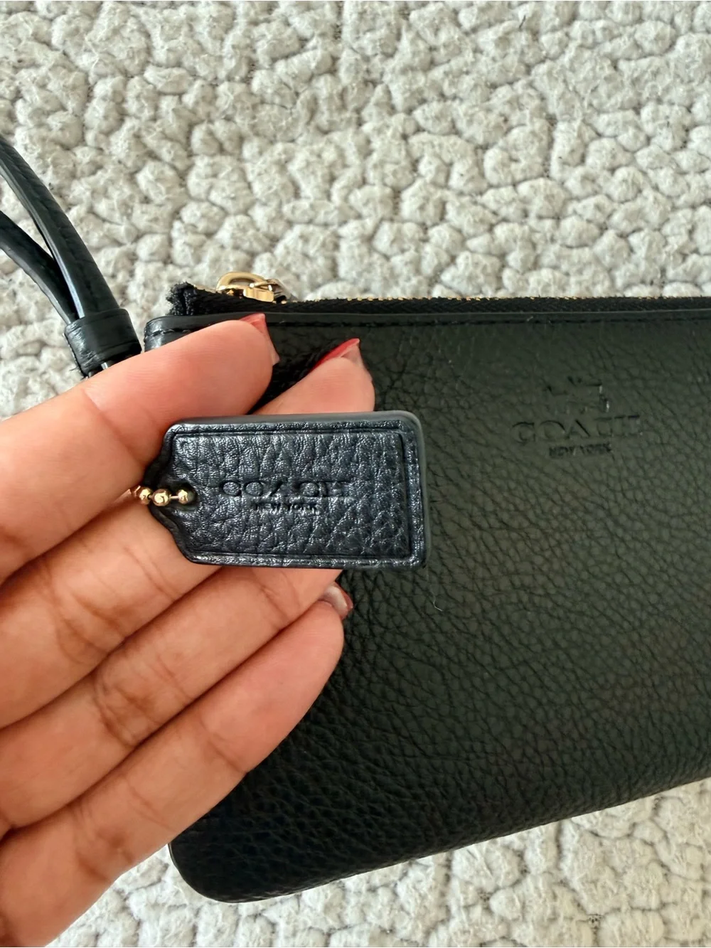 Coach Black Pebbled Leather Double Zip Wristlet Wallet Clutch Gold Hardware